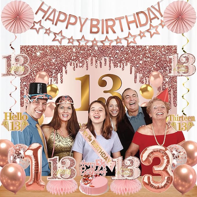 13th Birthday Decorations for Girls, Pink Rose Gold Happy 13 years old Birthday Banner Backdrop Balloons Sash Table Cake Topper Honeycomb Centerpieces Hanging Swirls Paper Fans Party Supplies