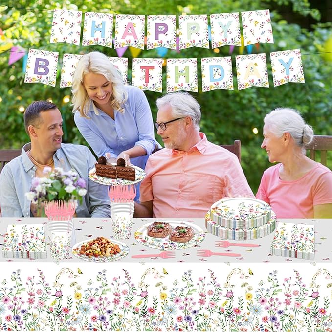 82PCS Spring Floral Party Supplies: Pink & White Floral Dinnerware Set with 16pcs Plates, Napkins, Cups & Forks, 'HAPPY BIRTHDAY' Banner, Tablecloth for Birthday Parties