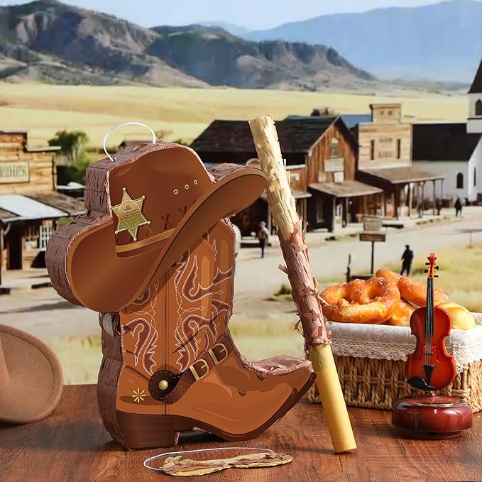 Pajean 3 Pcs Cowboy Boot Piñata Set Western Country Party Decorations Cowboy Hat Piñata with Stick Eye Mask for Boys Wild West Rodeos Birthday Baby Shower School Sports Events Gatherings Supplies