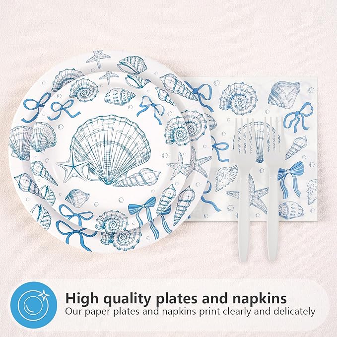 96Pcs Seashell Birthday Party Decorations Blue Bow Seashell Ocean Dessert Plates and Napkins Beach Starfish Tableware Set for Summer Kids Girls Boys Birthday Party Supplies Serves 24