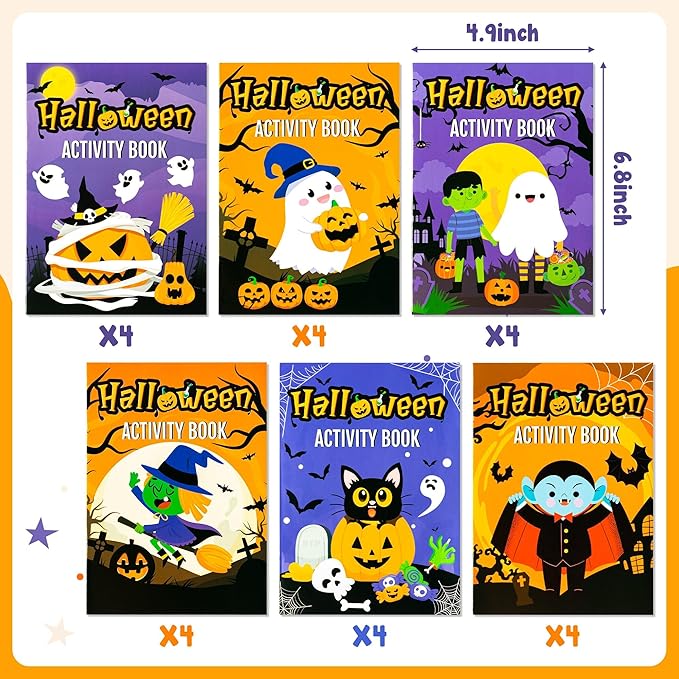 24Pcs Halloween Coloring Book Mini Game Color-in Pages Activity Book Set with Maze Crossword Puzzle Games Theme Party Favors Holiday Event Gift School Classroom Recreation Supplies for Kids