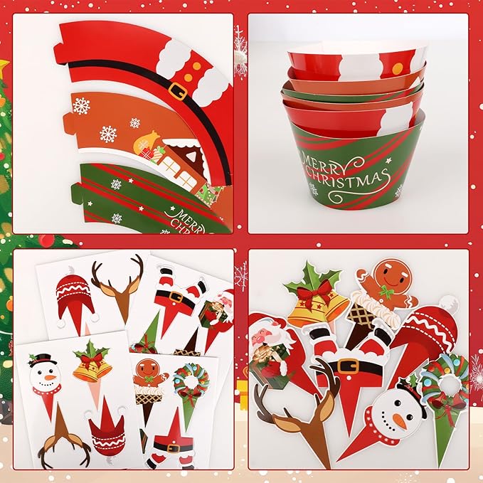 48 Pack Christmas Cupcake Toppers and Wrappers, Snowman Santa Claus Reindeer Cake Decoration for Christmas Theme Party Birthday Party Supplies