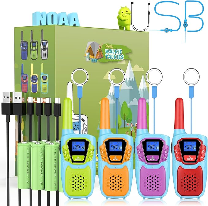 Walkie Talkies for Kids Adults Long Range Rechargeable 4 Pack Drop-Resistant FRS 2 Way Radio with Lanyard Battery NOAA USB, Family Toy for 3-12 Year Old Boy Girl Toddler Camping Skiing