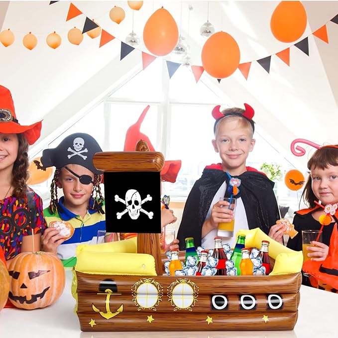 Zhanmai Inflatable Pirate Ship Drink Cooler Inflatable Serving Bar Food Container for Summer Carniva Mardi Gras Pirate Birthday Party Favor Supplies Decorations(Yellow,Funny)