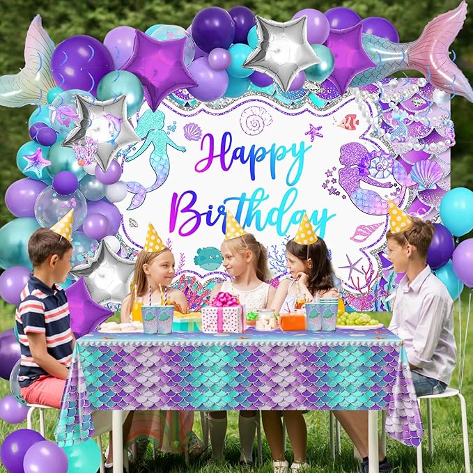 Avezano 321 PCS Mermaid Birthday Party Supplies Includes Disposable Paper Plates, Cups, Napkins, Tablecloth, Banner & Balloon Arch Kit for Girls Women Mermaid Party Decorations, Serves 24