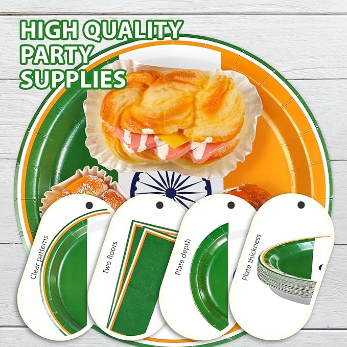 96 Pcs India Flag Party Decorations Disposable Indian Flag Paper Plates and Napkins India Independence Day Tableware Set for 15th August Country Decoration Patriotic Events Party Supplies, Serves 24