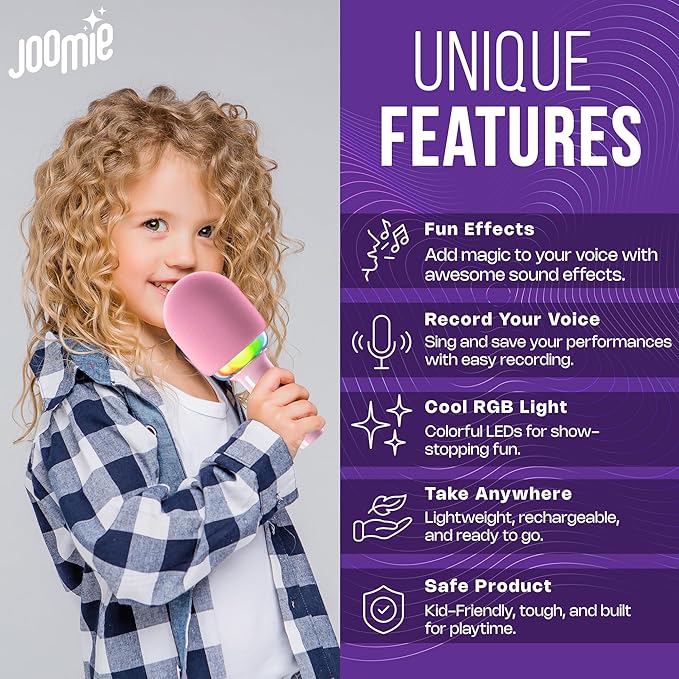 Joomie Pink Kids Microphone for Singing – 4 in 1 Bluetooth Karaoke Portable Microphone Wireless Mic with LED Disco Light, Speaker, Voice Changing, Echo Effect, Birthday Kids Toys Gift for Girls Boys