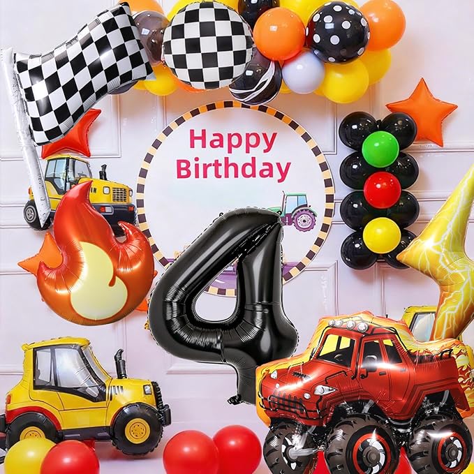 Truck Number 4 Balloons, Huge Truck Flags Lightning Flame Stars Aluminum Foil Balloons for 4th Birthday, Race Car Theme Party Decorations Supplies