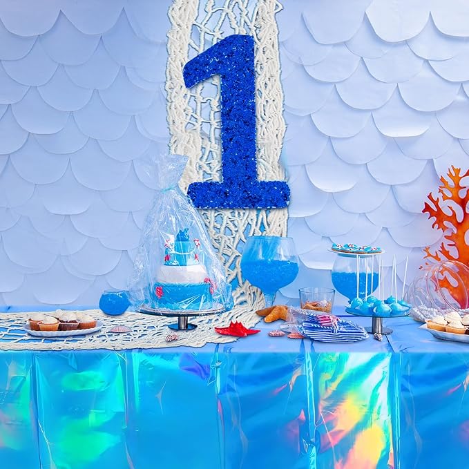 Unittype 6 Pcs Fish Net Decorative and Tablecloth Set, Cotton Fishnet and Plastic Table Cover Decorations Set for Nautical Themed Party Baby Shower Pirate Decorations Mermaid Party (Iridescent Wave)