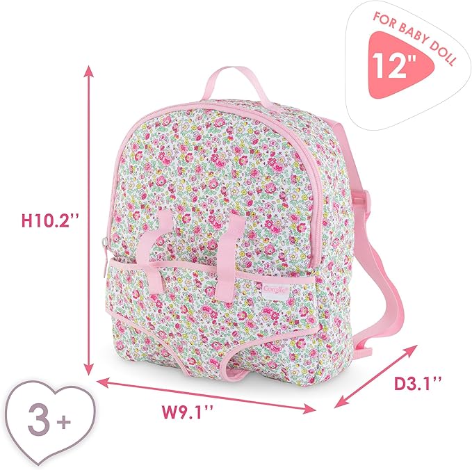 Corolle Backpack Baby Doll Carrier for 12 Inch Dolls - Toddler Baby Doll Carrier for Little Girls Age 1-3, Adjustable Straps with Zippered Storage, Hands-Free Play, Pink