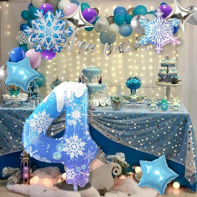 40 Inch Frozen Balloons number 4 Birthday Balloon,2 Giant snowflake foil balloons, 2 blue and silver star foil balloons Frozen Theme Party Supplies Winter Party Decoration For Girl's Birthday