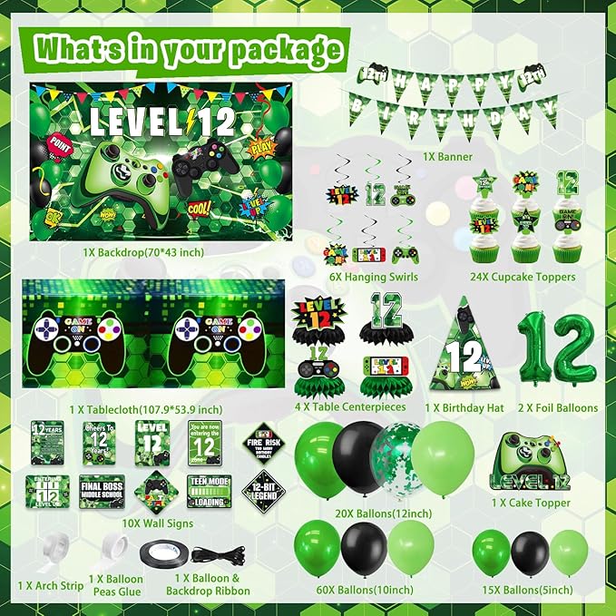 12th Birthday Decorations for Boys, 149Pcs Green Video Game level 12 Party Supplies for Boy 12th Birthday - Backdrop, Banner, Tablecloth, Centerpieces, Hanging Swirl, Hat, Wall Signs