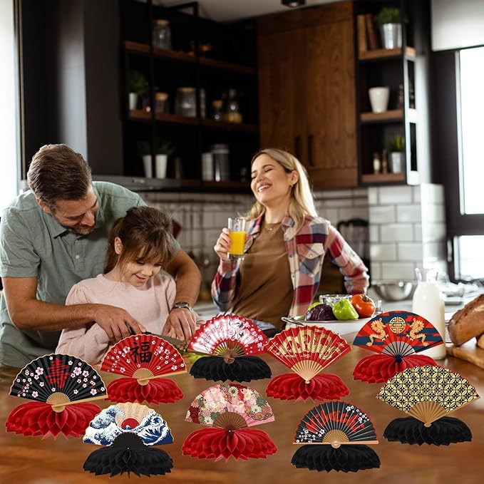 Gameza Hibachi Birthday Party Decorations - 9PCS Japanese Party Decorations Japanese Style Paper Fans Honeycomb Centerpieces Table Decor Asian Baby Shower Wedding Birthday Decor Supplies