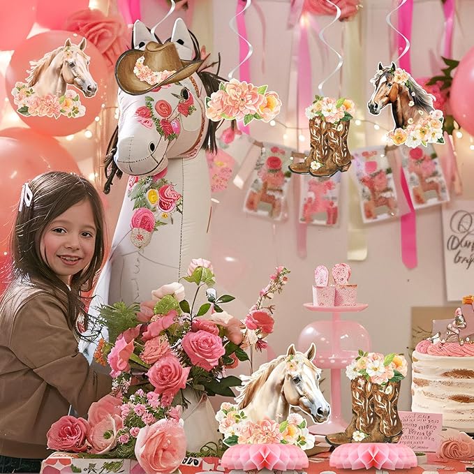 Girl Horse Party Centerpiece Set - Horse Honeycomb Girl Birthday Decorations and Horse Table Toppers for Kids' Horse-Themed Birthday and Baby Shower Table Decor