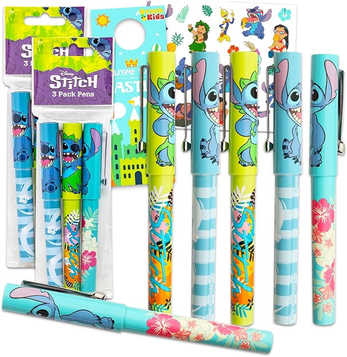 Disney Stitch Party Supplies Bundle 6 Pack Pens with Stitch Tattoos for Kids Adults (Lilo and Stitch Party Favors)