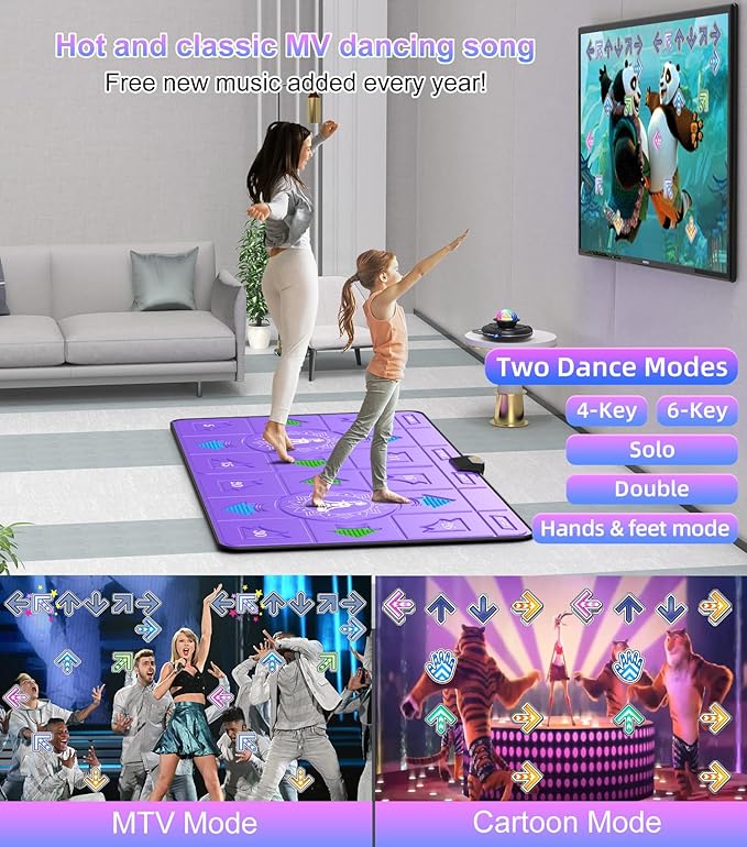 FWFX Exercise Mat for Home Workouts - Interactive Dance Game Mat Connects to TV, 2-Player Kids Party Interactive Games, Active Sports & Yoga Mat for Adults & Family Fitness, Fun (Purple)