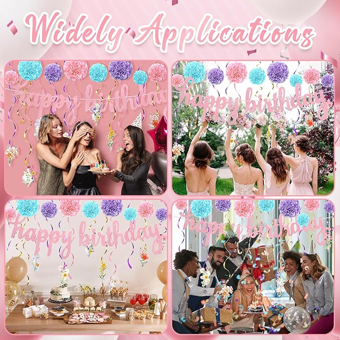 28 Pcs Wildflower Birthday Party Decorations Floral Hanging Swirls Glitter Birthday Banner Honeycomb Balls for Women Flower Themed Birthday Baby Shower Wedding Party Supplies
