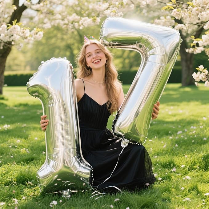 40 Inch Silver 7 Number Balloons Giant number balloons 7 Jumbo Mylar Foil Helium Balloon for 17 27 37 Birthday Digital Balloons for 70th Birthday Party Wedding Anniversary Party Decorations