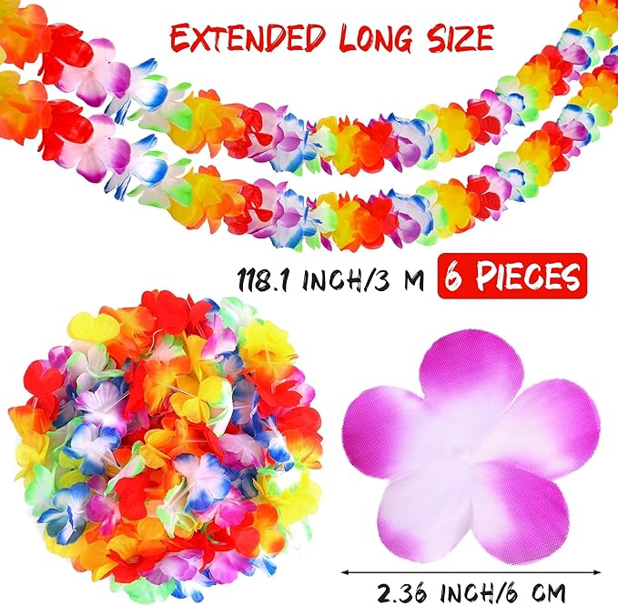 Aneco 6 Pack Colorful Hawaiian Luau Tropical Flower Lei Garland Party Decorations Hawaiian Tropical Party Supplies,10 Feet Each