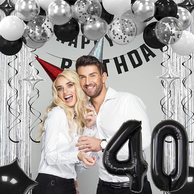 40th Birthday Decorations for Men Women- Black Silver Happy 40th Birthday Party Decor With Banner Backdrop,Number 40 Foil Balloon -Black White Balloons Garland Arch Kit for 40 Years Old Anniversary