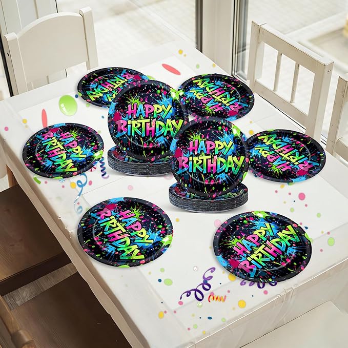 60PCS Neon Birthday Party Plates Glow Happy Birthday Party Supplies 7Inch Neon Dessert Plates Tableware Supplies Disposable Glow in the Dark Colorful Graffiti Dinnerware for K-Pop Parties Favors