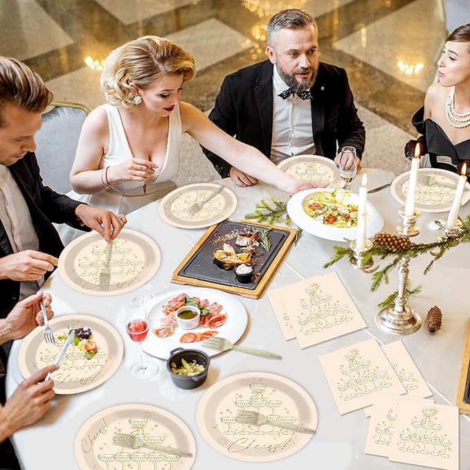 96PCS Champagne Tower Birthday Paper Plates Napkins Bachelorette Party Plates Cheers Champagne Gold Foil Disposable Dinnerware Tableware Sets for Wedding NYE Showers Supplies Decorations