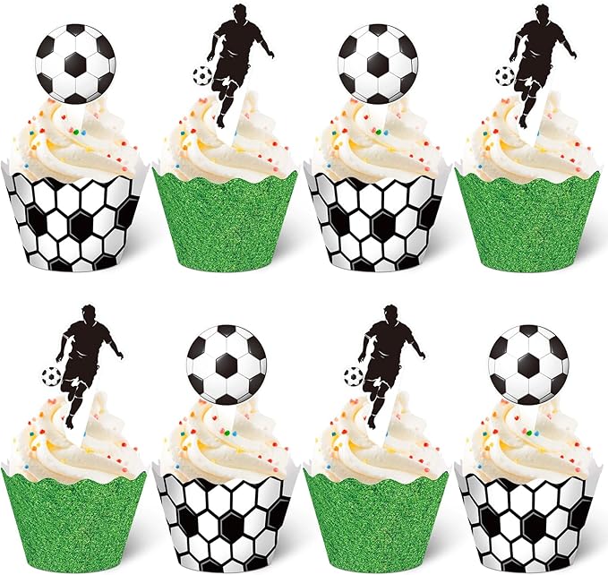 Nuenen 96 Pcs Soccer Cupcake Toppers and Wrappers Soccer Ball Birthday Party Cupcake Decorations Football Themed Cake Picks for Sports Theme Birthday Gathering Party Decoration Supplies (Game Day)