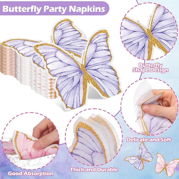 120 Pcs Butterfly Paper Napkins Bulk Disposable Cocktail Paper Napkins Dinner Table Disposable Guest Napkin for Butterfly Party, Baby Shower Wedding Birthday Party Supplies