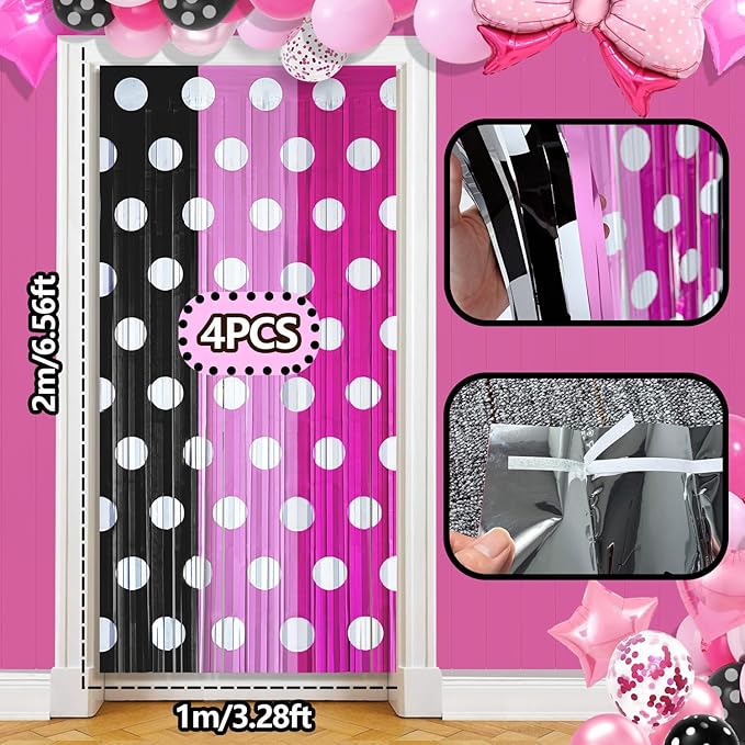 Pink Black Foil Fringe Curtains Birthday Decorations, 4 Pack 3.2x6.6ft Mouse Color Tinsel Streamers Backdrop Baby Shower Cartoon Mouse Birthday Party Decorations Supplies