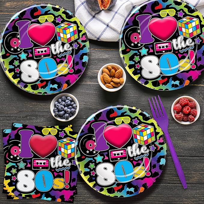 80's Party Decorations Tableware - 80's Theme Party Supplies, 80s Decorations Dinnerware, Paper Plates, Napkins, Tablecloth, Forks, 80s Birthday Party Decorations and Supplies | Serve 24