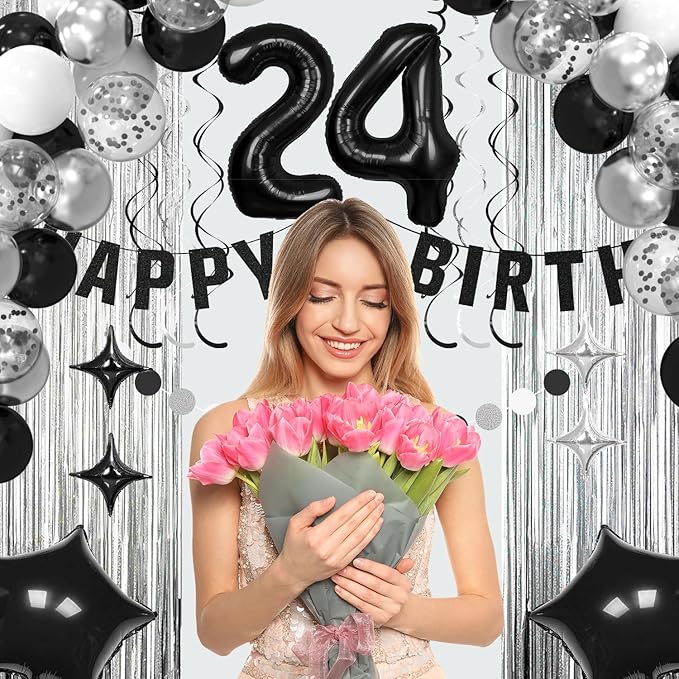 24th Birthday Decorations for Boys Girls, Silvery and Black Happy 24th Birthday Banner ,Number 24 Balloons Arch Kit for 24 year old Birthday Party Decorations.
