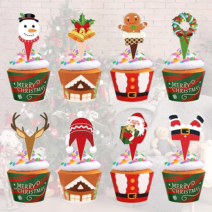 48 Pack Christmas Cupcake Toppers and Wrappers, Snowman Santa Claus Reindeer Cake Decoration for Christmas Theme Party Birthday Party Supplies