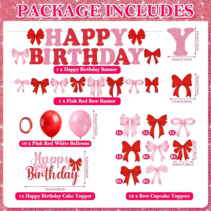 Red Pink Bow Birthday Party Decorations Bow Happy Birthday Banner Pink Red Balloons Cake and Cupcake Toppers for Girls Women Coquette Bday Wedding Bridal Valentine's Day Baby Shower Party Supplies