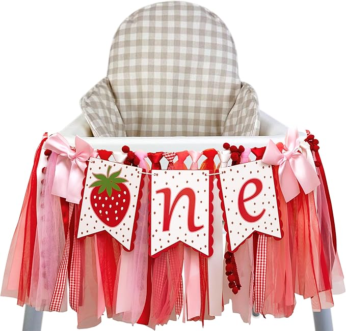 Strawberry One High Chair Banner - Berry Sweet First Birthday Party Decorations,One Red Strawberry Banner,Sweet 1st Birthday Cake Smash Party Supplies,Berry Girl Party Photo Prop (red)