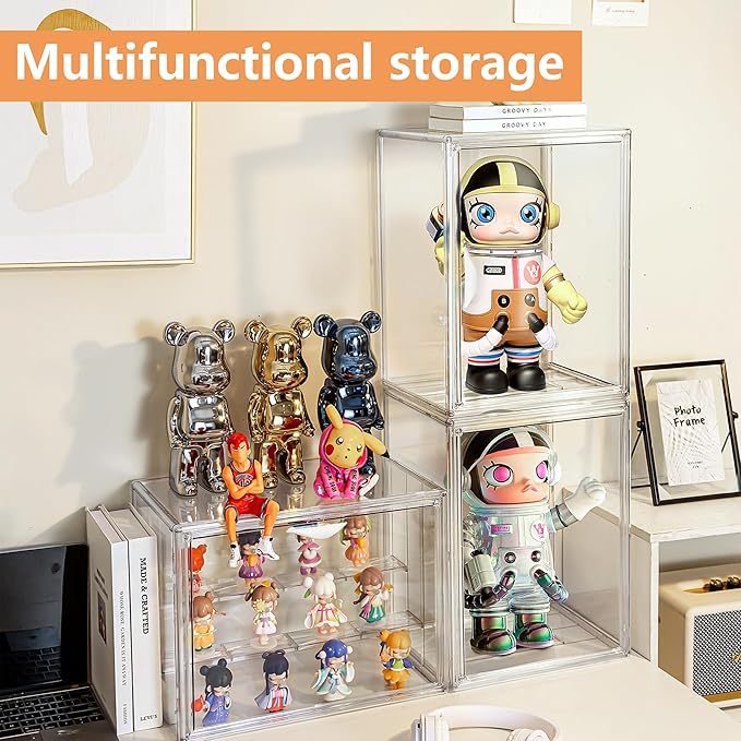 Attelite Acrylic Display Case for Collectibles, 3 Tier Figure Display Cases with 2 Movable Dividers, Clear Stackable Display Box Showcase with Magnetic Door for Action Figures