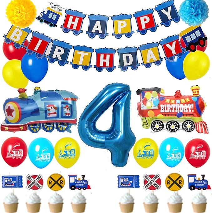 Train 4st Birthday Decorations Boys Train, 4 Years Old Birthday Party Supplies With Number 4 Foil Balloons Train Birthday Banner,Latex Balloons, Cake Topper, For Kids Train Birthday Party Decoration