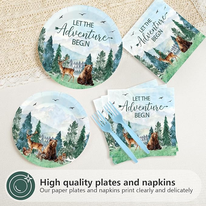 96Pcs Let The Adventure Begin Party Decorations Camping Adventure Birthday Plates and Napkins Green Mountain Wilderness Woodland Animals Decorations for Boys Girls Birthday Party Supplies Serves 24
