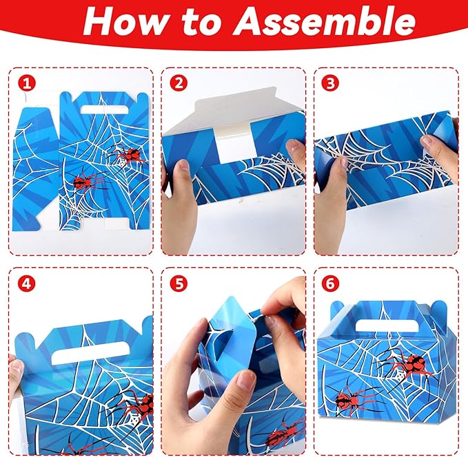24Pcs Spider Party Favors Boxes Spider Web Paper Treat Box Birthday Supplies Red Blue Black Color Goodie Gift Boxes for Kid Boy Birthday Baby Shower Game Party Table Decoration 6 x 3.5 x 3 inches