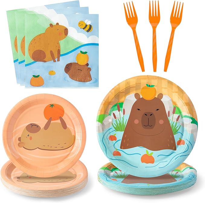 96Pcs Capybara Cute Cartoon Animal Orange Party Plates Supplies Tableware Decorations Disposable Paper Plates Napkins Forks for Kids Birthday Baby Shower, Serves 24