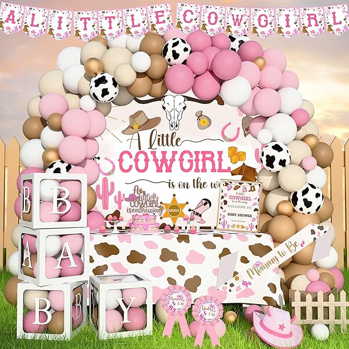 Cowgirl Baby Shower Decorations, Western Rodeo Baby Cowgirl Baby Shower Party Supplies, A Little Cowgirl is On The Way Décor Balloon Arch Backdrop Box Mom to be Sash Tablecloth for Cowgirl Shower