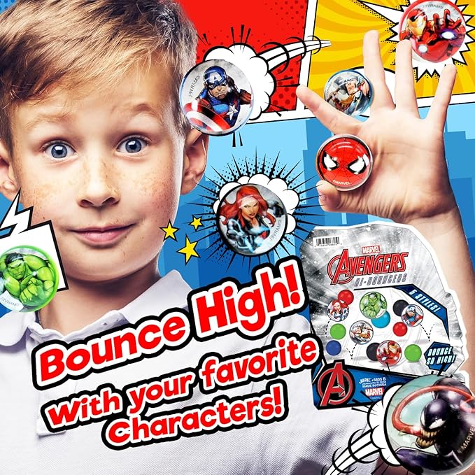 JA-RU Marvel Avengers Bouncy Superballs Super Hi Bounce 1.2" (Pack of Balls) Hulk, Thor, Cap America & Friends Fidget Balls Small Toys for Kids Prize Giveaways Gift. (Spiderman/Avengers 2 Packs)