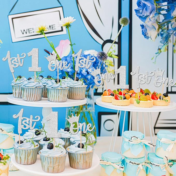 24 PCS 1st Birthday Cupcake Toppers - Glitter Wild One Cupcake Picks Crown - Boho Theme Party Cake Decorations - Silver