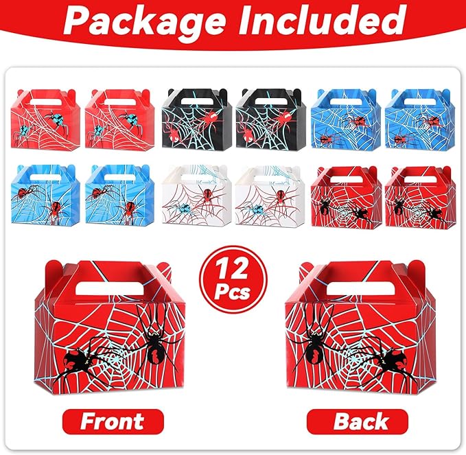 12Pcs Spider Party Favors Boxes Spider Web Paper Treat Box Birthday Supplies Red Blue Black Color Goodie Gift Boxes for Kid Boy Birthday Baby Shower Game Party Table Decoration 6 x 3.5 x 3 inches