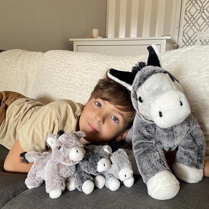 4Pcs Donkey Stuffed Animal Plush, Large Donkey Mommy 20“ with 3 Babies Inside - Unzip The Belly to Reveal Surprise Plush Toy - Family Role Play Gift Set for Kids, Boys & Girls
