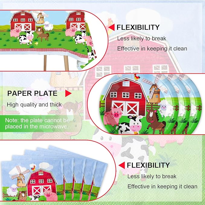 41pcs Farm Party Supplies ,include 20 Dessert Plat, 20 Napkin and 1pcs Tablecloth,Used for Farm Birthday Party Decoration