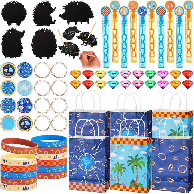 Vanblue Hedgehog Party Favors Theme Birthday Party Decorations Supplies Goodie Bags Stuffers Gift Bag Silicone Wristband Acrylic Diamond Gems Gold Rings Pinata Fillers