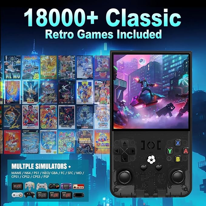 R36MAX Upgraded Retro Gaming Console,4.0 inch IPS Screen,Linux System with Professional RK3326 Gaming Chip, Retro Handheld Game Console Built-in 18000+ Games,4000mAh Large Battery (More Black)