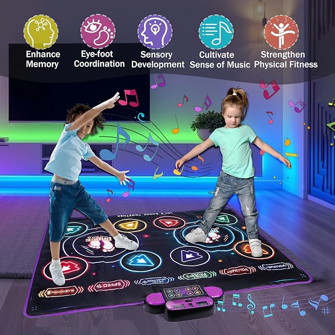 Dance Mat with Music and Lights for Kids, Light-Up 2-Player Interactive Musical Dance Play Mat with Bluetooth, Anti-Slip Indoor Active Play Toy Birthday Gift for Boys Girls 3-12