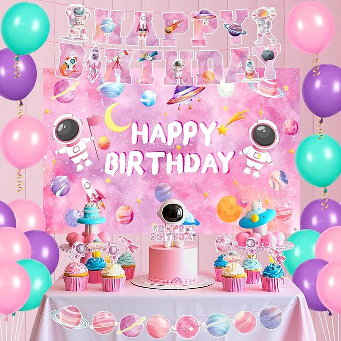 Pink Space Birthday Decorations Outer Space Theme Party Supplies Solar System Happy Birthday Banner Background Cake Cupcake Toppers Balloons for Galaxy Planet Astronaut Party Favor Decor