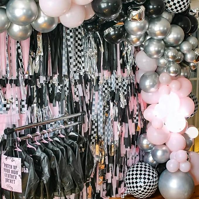 PartyWoo Checkered Foil Balloons 6pcs 22 Inch Large Round Foil Big Giant 4D Jumbo Inflatable Mirror Ball Mylar Balloons for Race Car Emo Checkered Themed Birthday Graduation Party Decorations